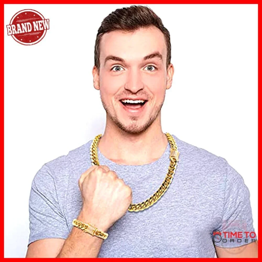 Men's 18K Gold Plated Cuban Link Chain Set 10mm Stainless Steel Necklace - Picture 4 of 6